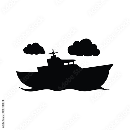 Silhouette of a battleship with smoke vector illustration, A black and white vector illustration of a battleship with smoke trails