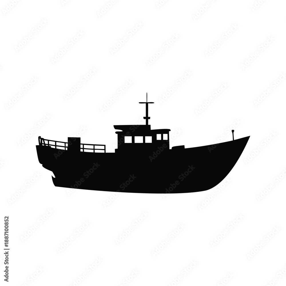 Obraz premium A detailed black and white silhouette vector illustration of a fishing boat, Black and white silhouette vector illustration of a fishing boat