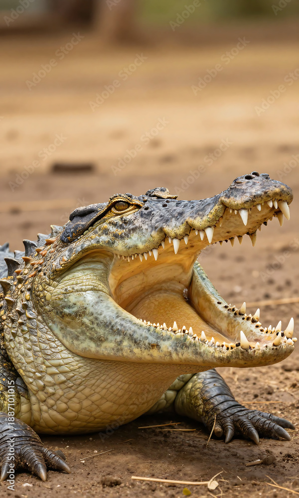Fototapeta premium large saltwater crocodile massive jaws slowly parting reveal rows teeth warm golden farm