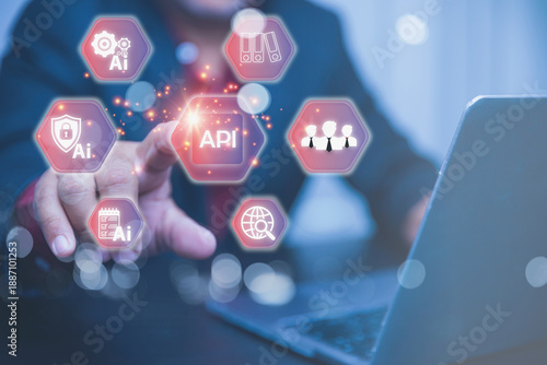 The visual elements include icons for AI, API, security, team collaboration, data, and global network.