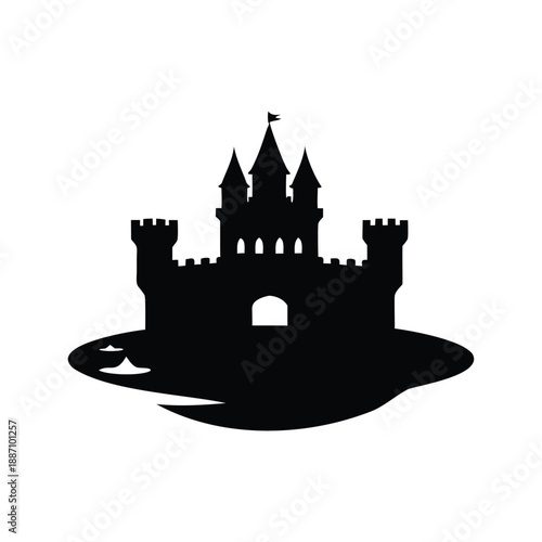 Fantastical medieval castle silhouette vector illustration, A black and white silhouette vector illustration of a medieval castle with tall spires and surrounding trees