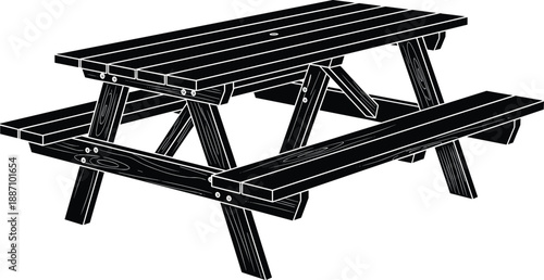 Black and white vector illustration of a classic wooden picnic table with benches for outdoor park, backyard garden, and camping.