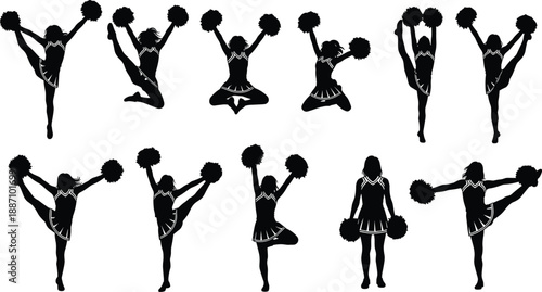 Black and white vector silhouettes of cheerleaders in various dynamic poses with pom poms performing jumps, kicks, and dance routines.