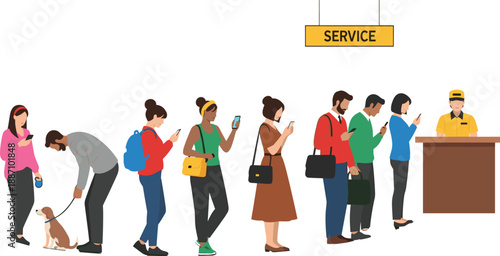 Flat vector illustration of a diverse group of people standing in a long queue waiting for service while using smartphones.