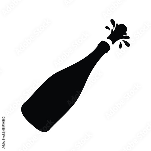 Celebratory champagne bottle popping silhouette vector illustration, Black and white vector illustration of a champagne bottle popping open, perfect for celebration themes