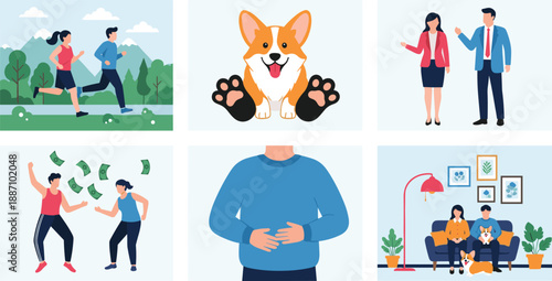 Flat vector illustration set featuring people jogging, business characters, financial success, cute corgi dog, stomach health, and home living room.