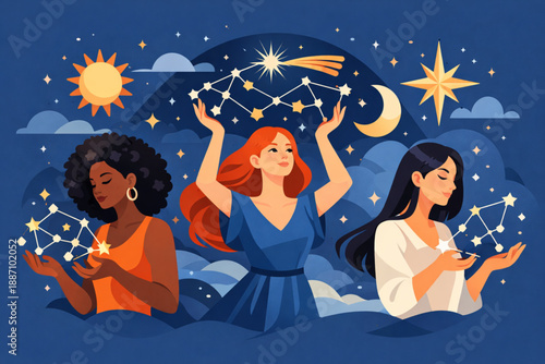 Women holding abstract constellations representing inspiration and guidance in flat vector artwork