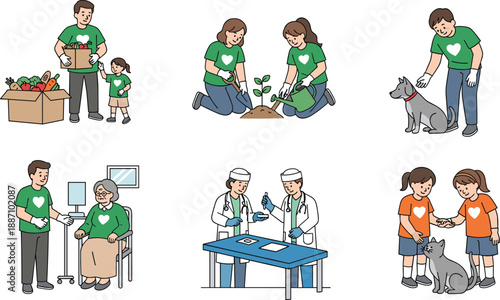 Flat vector illustration set of diverse volunteers engaging in community service activities like food donation, planting trees, and caring for animals.