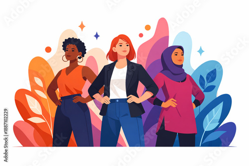 Women standing confidently as abstract forms rise around them in flat vector illustration