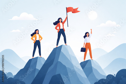 Women standing on abstract peaks under calm sky representing achievement in clean flat design artwork