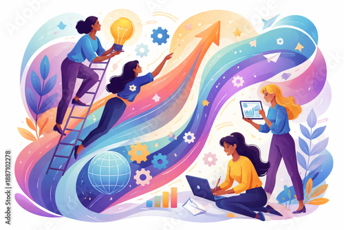 Women shaping the future through flowing abstract geometry in animated flat design artwork