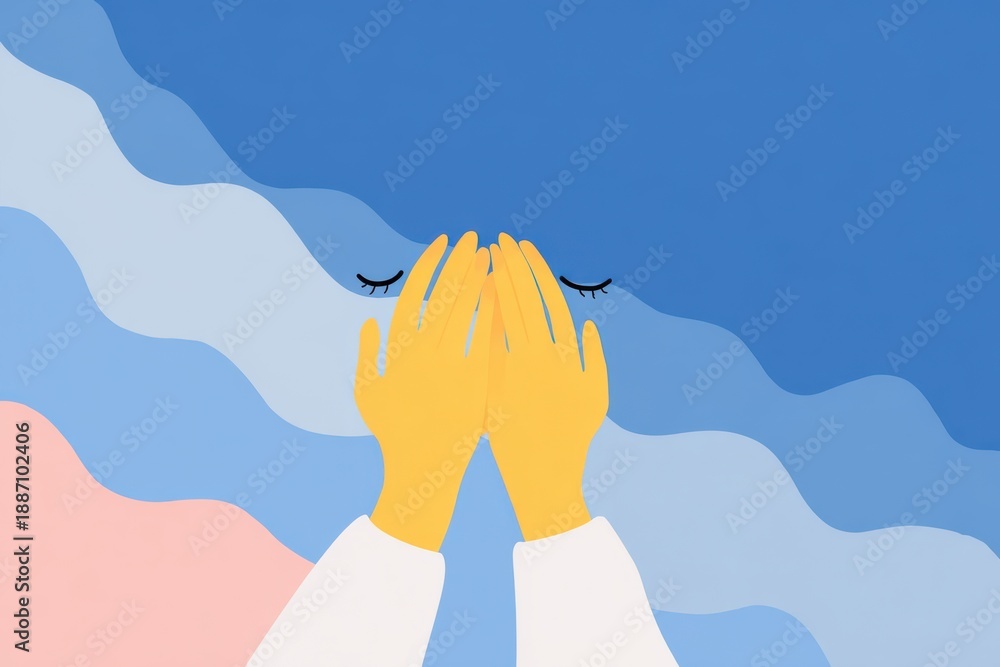 Fototapeta premium Hands resting on colorful waves, minimal illustration of burnout syndrome concept