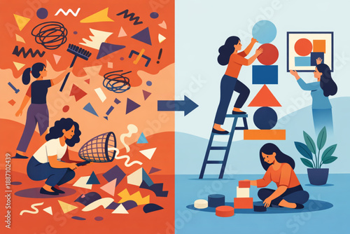 Women transforming abstract chaos into calm balanced compositions in flat vector artwork