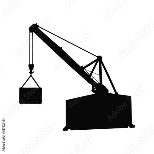 Industrial crane silhouette vector illustration with hook, Black and white silhouette vector illustration of an industrial crane with a hook