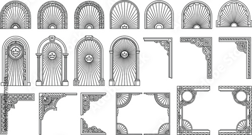 Vintage Art Deco vector set featuring ornamental arches, decorative corners, royal crown emblems, and linear frame borders for elegant graphic design.