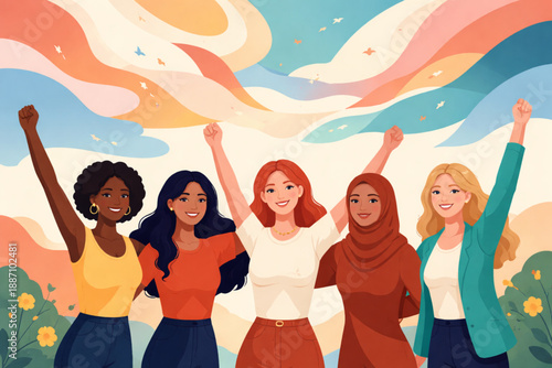 Women standing united beneath abstract sky of evolving shapes in clean flat design artwork