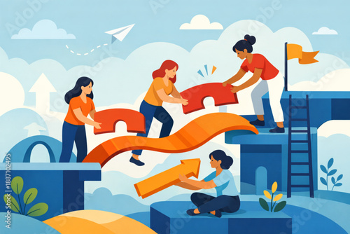 Women building abstract pathways forward together in animated flat vector scene