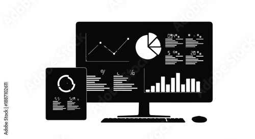 Modern business data analysis on computer and tablet screens with graphs and charts in black and white professional office setting