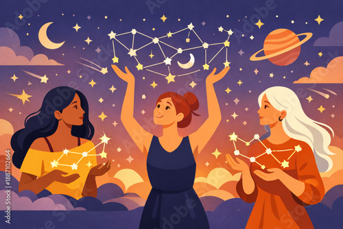 Women holding abstract constellations representing inspiration and guidance in flat vector artwork