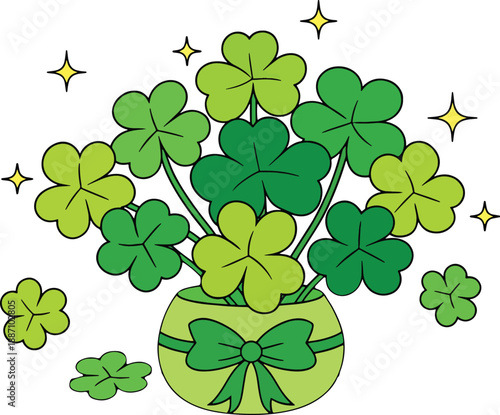 St. Patrick's Day Shamrock Bouquet in a Green Pot with Bow, Lucky Four Leaf Clovers and Sparkling Stars, Vector Illustration for Irish Holiday