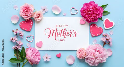 Happy mothers day greeting card with beautiful pink flowers and hearts