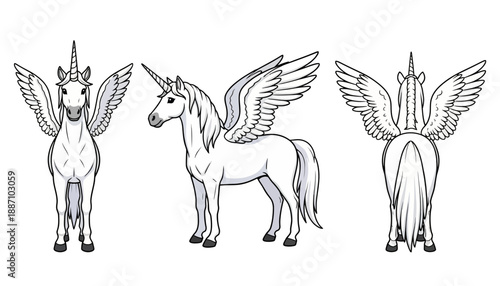 Line Drawing of Majestic Winged Unicorn in Front Side and Back Views.
