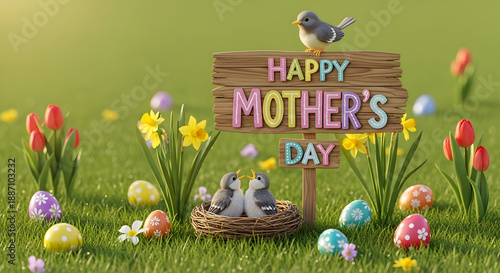 Happy mother's day wishes with colorful flowers and easter eggs