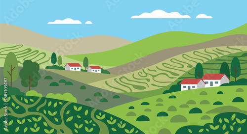 Beautiful tea garden landscape with rolling green hills and houses, scenic Indian hill station agriculture view, nature tourism travel destination art design scene.