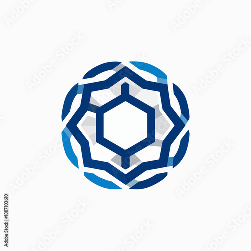 Abstract Geometric Floral Ornament With Hexagonal Center In Blue Shades On White Background