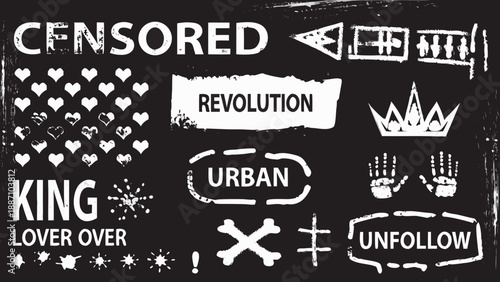 A collection of hand drawn symbols including hearts a crown and text