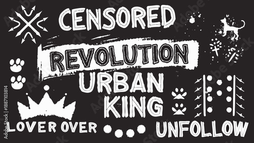 Black and white sketch with censored text paw prints and revolution imagery