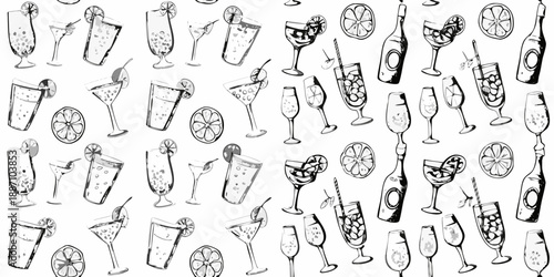 An assortment of sketched cocktail glasses champagne bottles and citrus fruit slices