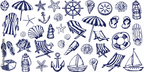 A collection of hand drawn nautical elements seashells beach items and marine life