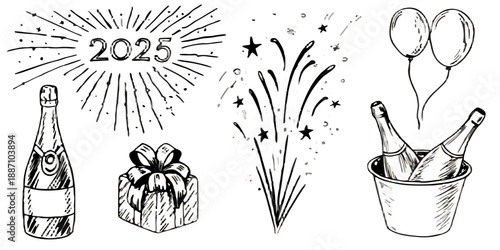 Celebratory sketch of a woman toasting with fireworks for the year 2025