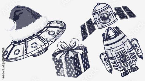 Festive space exploration a ufo satellite rocket and gift with a santa hat