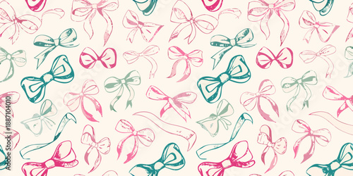 A delightful pattern of hand drawn bows in shades of pink and teal