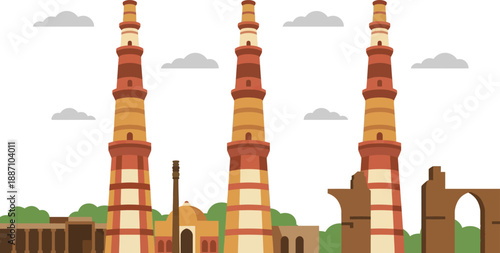 Ancient Qutub Minar complex landscape, historic Delhi tourism landmark design, famous Indian Islamic architecture symbol, world heritage culture art scenic view.