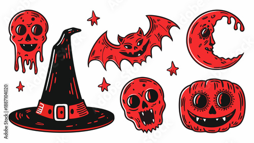Spooky halloween elements skulls bats pumpkins a witch s hat and crescent moon