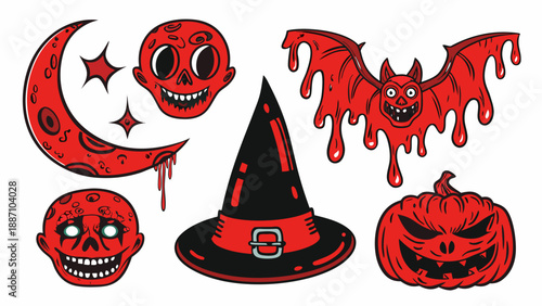 A spooky halloween collection featuring skulls bats pumpkins and a witch s hat