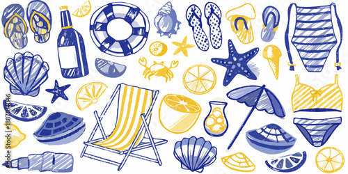 A collection of hand drawn summer vacation elements in blue and yellow