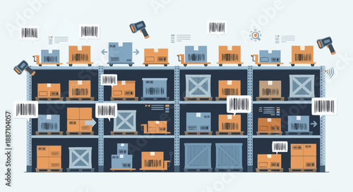 Modern Warehouse Storage System with Industrial Shelving and Containers