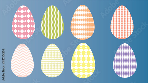 Colorful Easter Eggs with Various Patterns on Blue Background