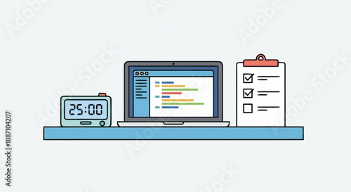 Digital Project Management with Laptop Task List and Timer