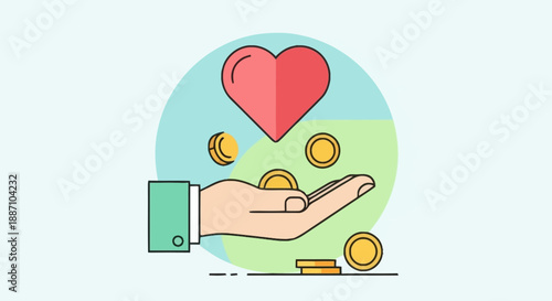 Financial Growth and Support Concept with Hand Holding Coins and Heart Symbol