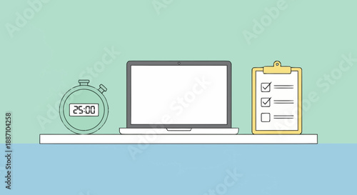 Modern workspace with laptop clipboard and desk lamp for productivity and remote work setup