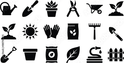 Gardening tools and plants vector icon set, isolated garden equipment symbols in black color