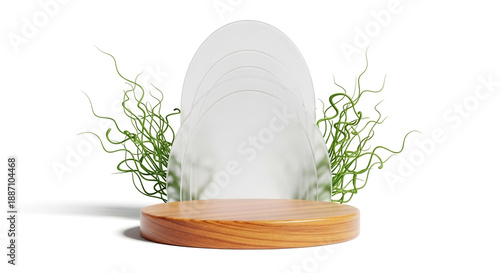 Minimalist wooden podium with abstract flowing elements and green curly organic accents isolated on a white background, ideal for product display or cosmetic presentation