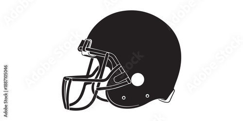 Black silhouette of an American football helmet on a white background sports helmet protective gear, A stark black silhouette of a classic American football helmet, viewed from the side, against.set
