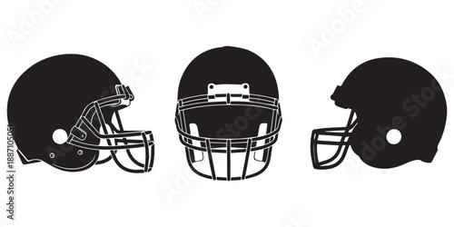 Black silhouette of an American football helmet on a white background sports helmet protective gear, A stark black silhouette of a classic American football helmet, viewed from the side, against.set