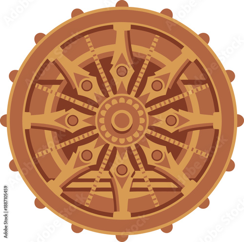 Ancient Konark Sun Temple wheel symbol icon, historic Indian architectural culture element, famous Odisha tourism landmark design object, spiritual chakra art sign.